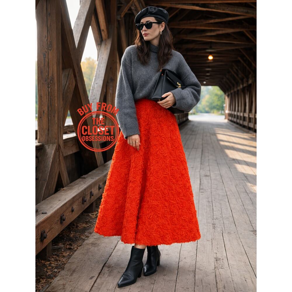 ZARA Floral Voluminous Midi Skirt NWT | Red Textured A-Line - Picture 7 of 16